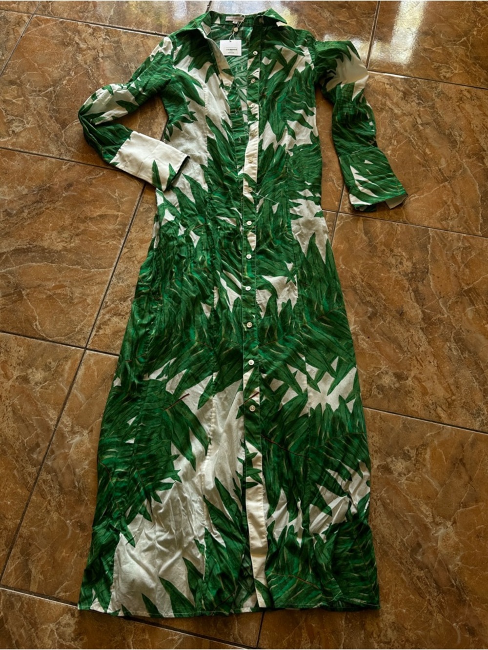 Ala Von Auersperg Green & White Leaf-Print Button-down cotton shirt Dress